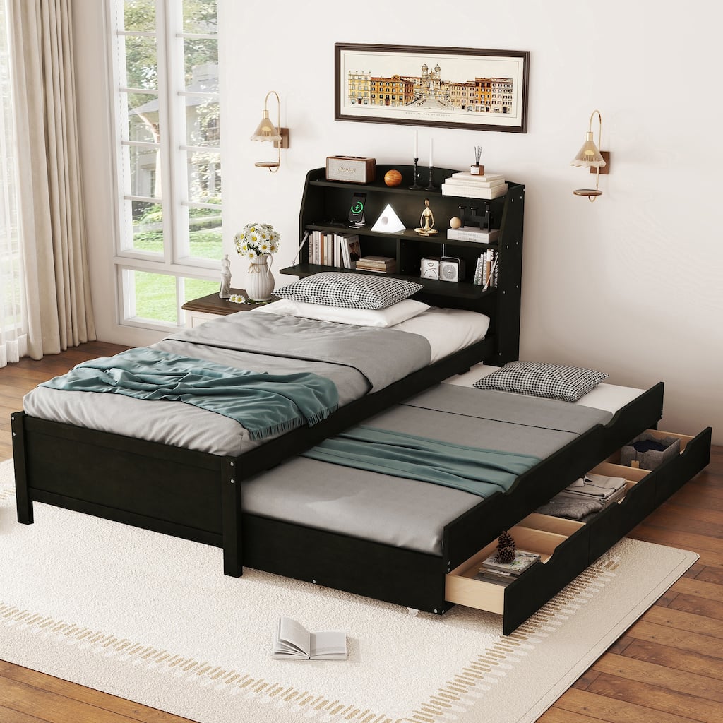 Wooden Platform Bed with Pull Out Trundle Bed and Drawers, All-in-One LED Headboard with Charging Station and Flip Up Storage