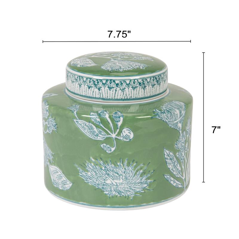 Stoneware Decorative Storage Jar with Lid and Botanical Detailing - 7.8"L x 7.8"W x 7.0"H