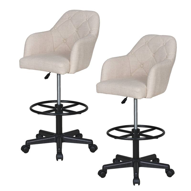 VECELO Swivel Wingback Tilting Task Chair with Tufted Naihead Trim Home Office Chairs Drafting Chairs(Set of 2) - Beige