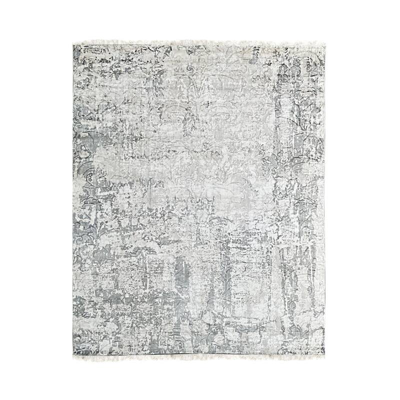 Ivory Gray Hand Knotted Wool Transitional Modern Rug 7' x 9' - Ornamental Medallion 0.5" Pile - N/A