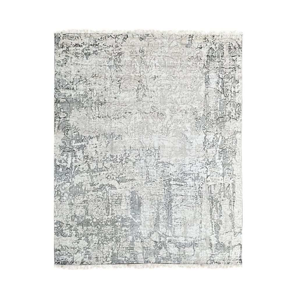Ivory Gray Hand Knotted Wool Transitional Modern Rug 7' x 9' - Ornamental Medallion 0.5" Pile - N/A