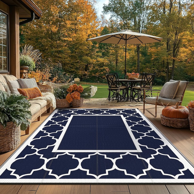 Reversible Dark Tone Geometric Flat-Weave Recyclable Outdoor Rug