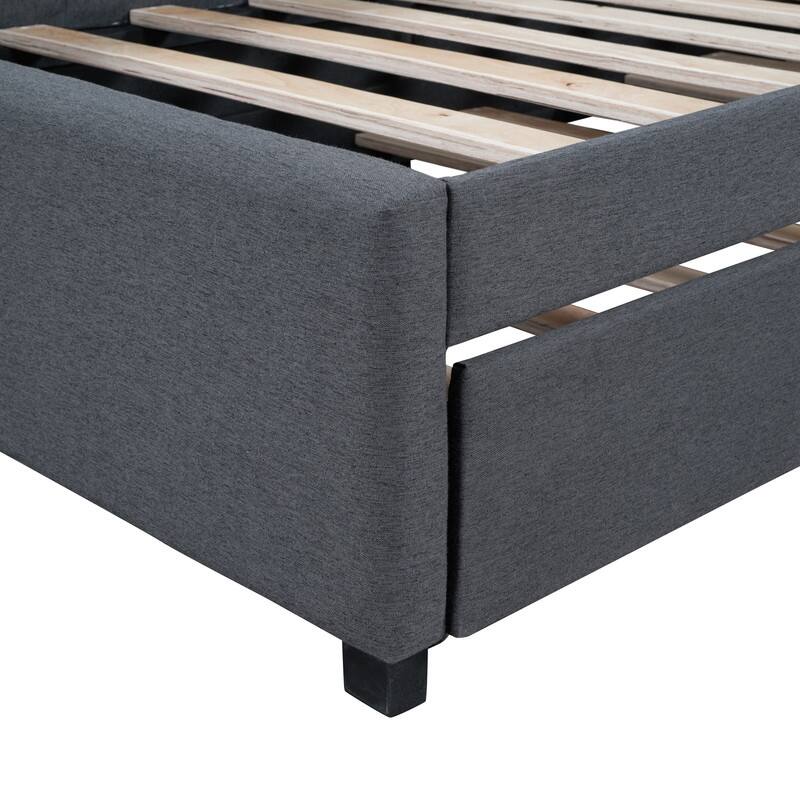 Upholstered Daybed with Twin Size Trundle, Twin Size inen Fabric Sofa Bed Frame with L-Shaped Headboard, No Box Spring Needed