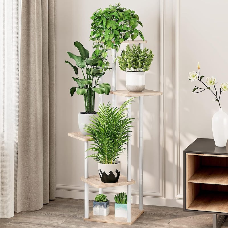 Plant Stand 5 Tier Indoor Metal Flower Shelf,5 Tier - 5 Tier-White+Sonoma Oak