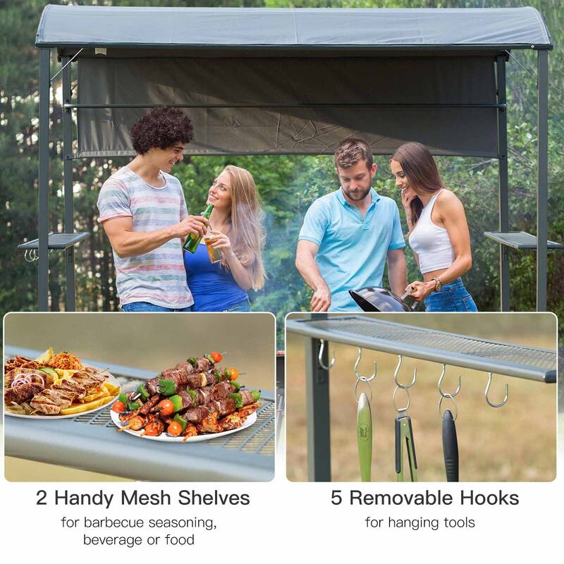 Outsunny 7 ft Outdoor Patio BBQ Grill Canopy Gazebo Tent with Side Awning, 2 Exterior Serving Shelves, & Storage 5 Hooks