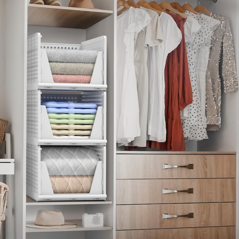 Sorbus 3 Pack Large Closet Shelf Organizer - Foldable and Stackable Storage Baskets - Easy Access Open Front Design