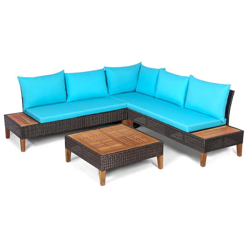 4 PCS Wood Patio Furniture Set Outdoor Rattan Sectional Sofa Set - Turquoise
