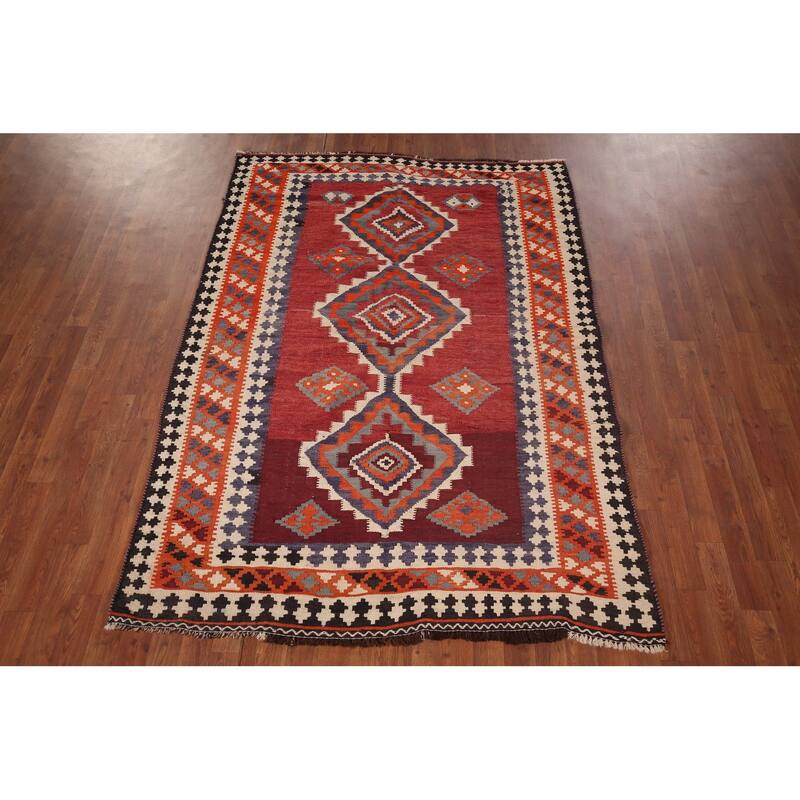 Geometric Kilim Qashqai Persian Area Rug Flatweave Wool Carpet - 5'1"x 7'3"