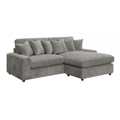 84 Inch Sectional Sofa, 6 Pillows, L Shape, Corduroy Upholstery, Gray
