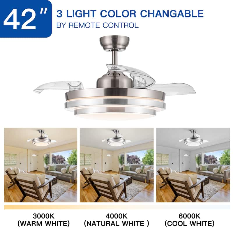 42 inch Reversible Retractable Modern Decorative Silver/white Ceiling Fan With Light and Remote - 42inch