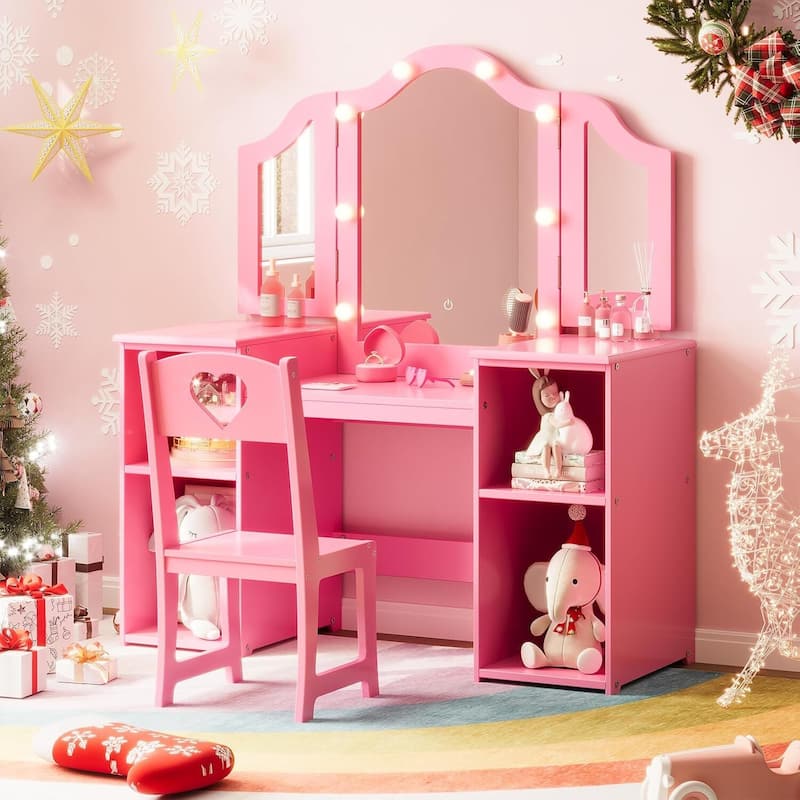 Kids Vanity Table, Princess Makeup Desk Set for Toddler - Pink