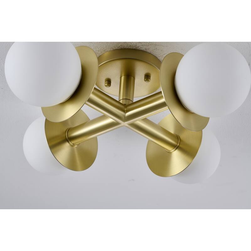 4-Light Satin Brass Flush Mount With White Glass Globe Shades