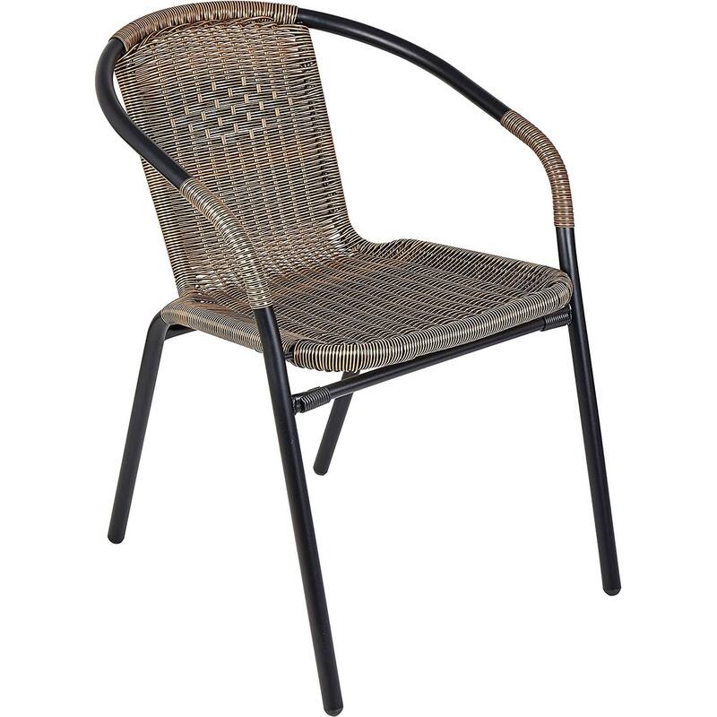 BTEXPERT Indoor Outdoor 28" Square Tempered Glass Metal Table Brown Rattan Trim + 4 Brown Restaurant Rattan Stack Chairs