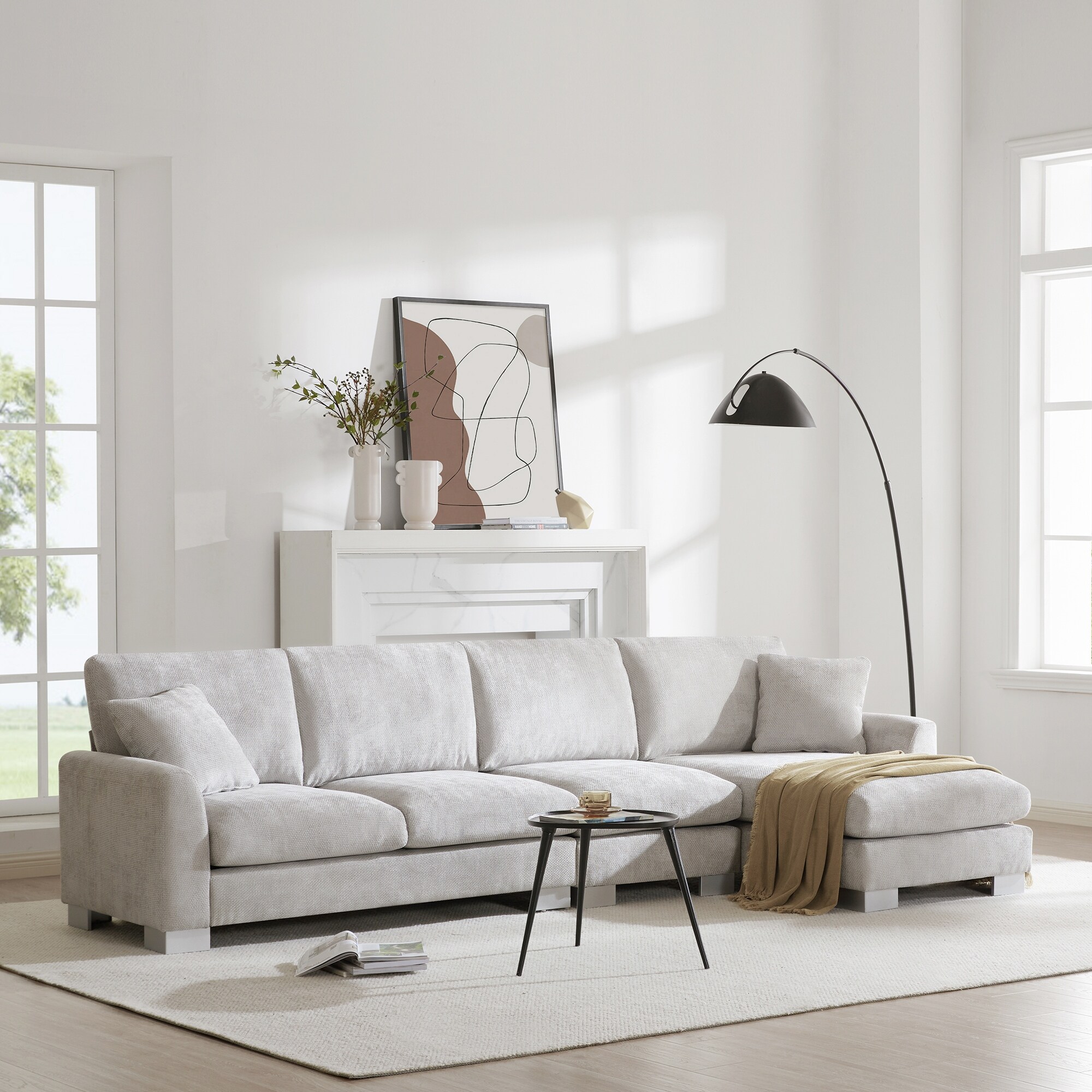 Modern 5 Seat Sectional Sofa Couch L Shaped Chenille Fabric Living Room Sets Couch with Chaise Lounge 2 Pillows White