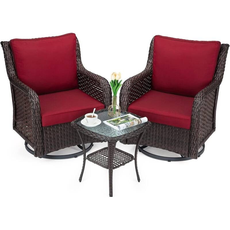3 Pieces Outdoor Swivel Wicker Glider Patio Chairs with Table Set