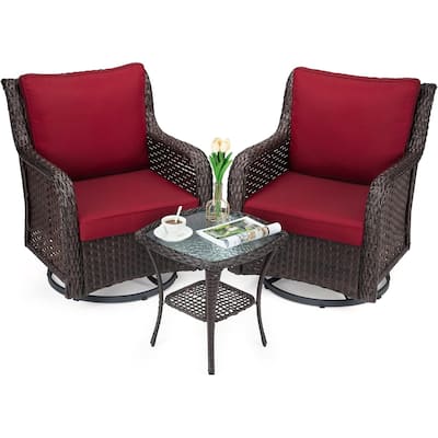 3 Pieces Outdoor Swivel Wicker Glider Patio Chairs with Table Set