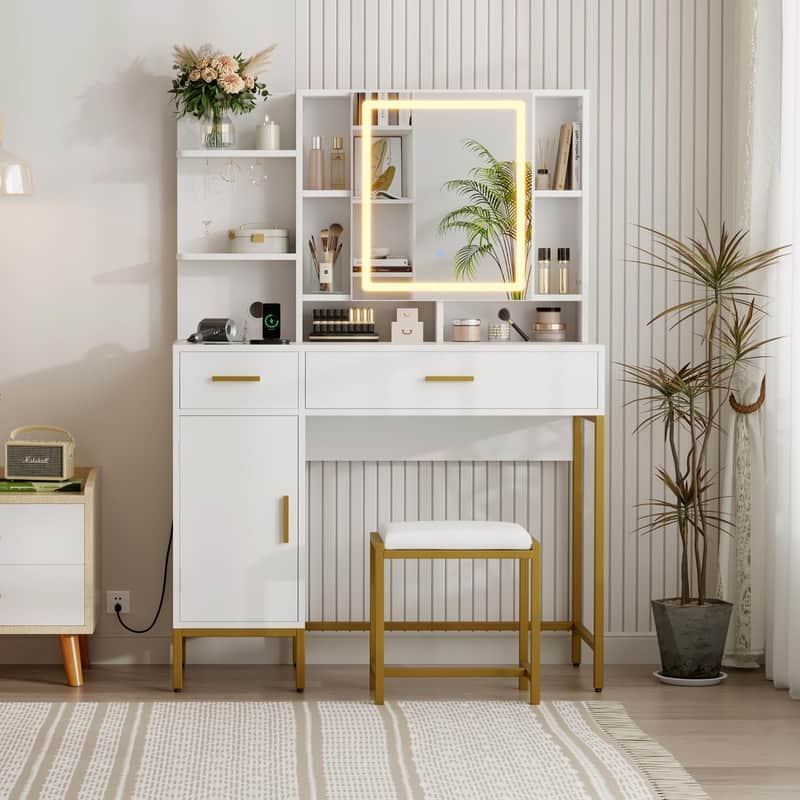 Vanity Table with LED Mirror, Stool, Shelves, Drawers, Cabinets, Charging Station - White