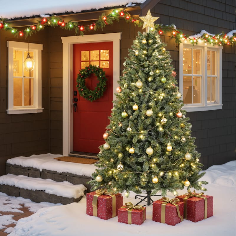 Christopher Knight Home - Evergreen Glow Modern Pre-Lit Artificial Christmas Tree with LED Lights and Hinged Branch Design - Green+6Feet