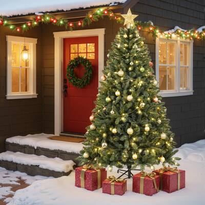 Christopher Knight Home - Evergreen Glow Modern Pre-Lit Artificial Christmas Tree with LED Lights and Hinged Branch Design