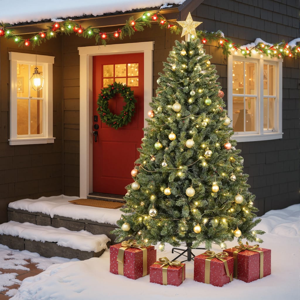 Christopher Knight Home - Evergreen Glow Modern Pre-Lit Artificial Christmas Tree with LED Lights and Hinged Branch Design
