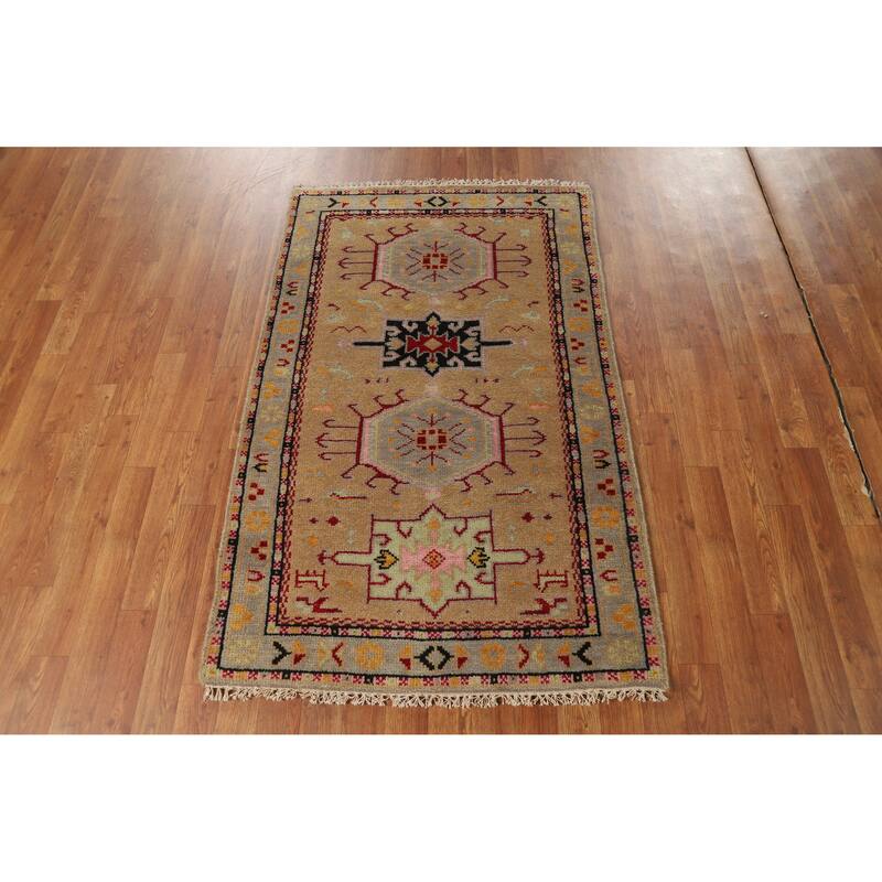 Hand Knotted Oriental 100% Wool Carpet Transitional Geometric Yellow & Gold Khotan Area Rug - 4' 11'' X 3' 1''