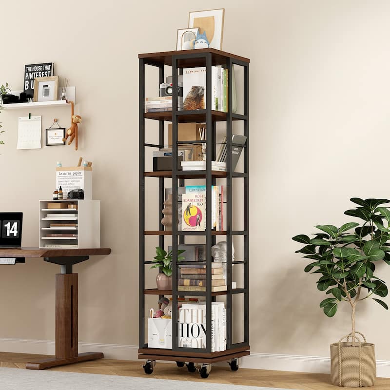 Anmytek 360 Rotating Corner Bookshelf with Wheels Space Saving Storage for Small Rooms