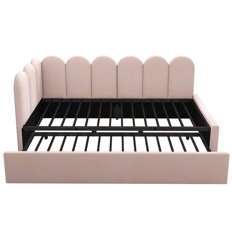Twin Size Upholstered Daybed with Pull-Out Bed, Velvet Pink Sofa Bed for Adults and Kids, Metal Slatted Frame