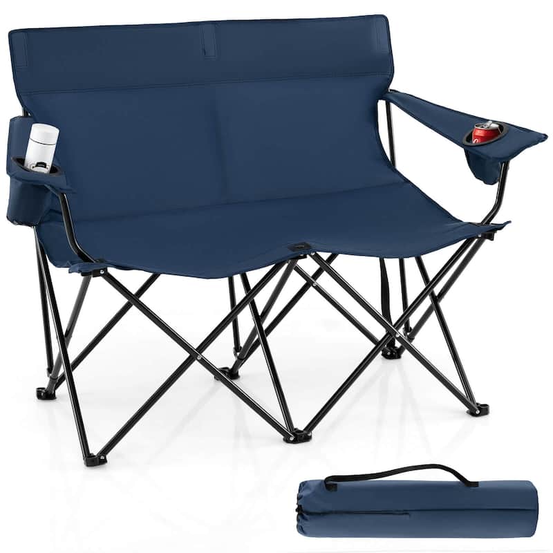 Costway 2-Person Outdoor Folding Loveseat with Cup Holders Armrests - Blue