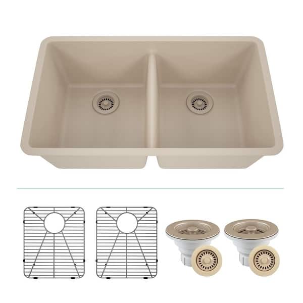 slide 2 of 9, Lexicon Platinum 32" Quartz 50/50 Double Bowl Sink with Grids & Drain Galaxy Beige