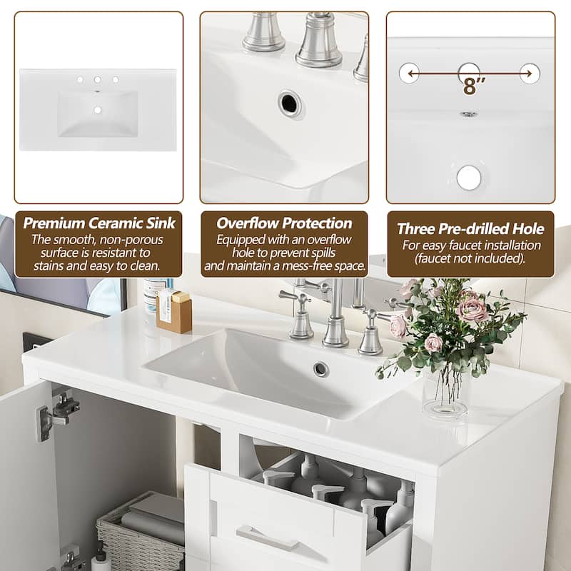 36" Bathroom Vanity with Ceramic Sink, Solid Pine Frame, Soft-Close Door & 3 Drawers - Modern Freestanding Cabinet