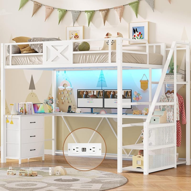 Stairway Twin Size Loft Bed with L Shaped Desk and Wardrobe 3 Drawers - White - Twin