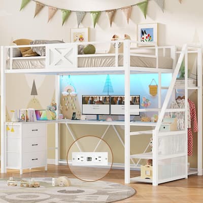 Stairway Twin Size Loft Bed with L Shaped Desk and Wardrobe 3 Drawers