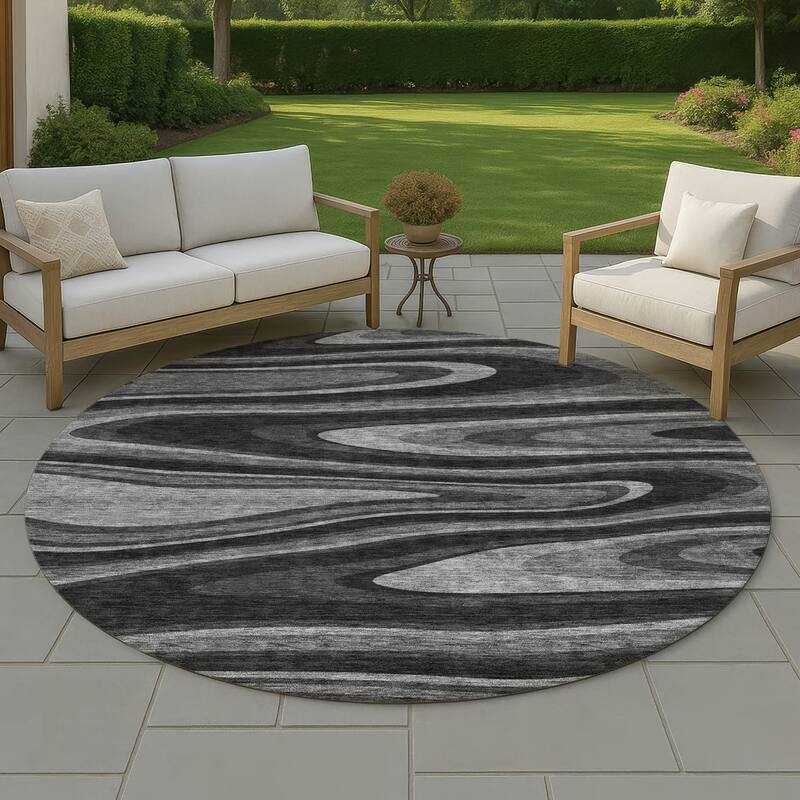 Machine Washable Indoor/ Outdoor Abstract Busey Chantille Rug - Black - 8' x 8'