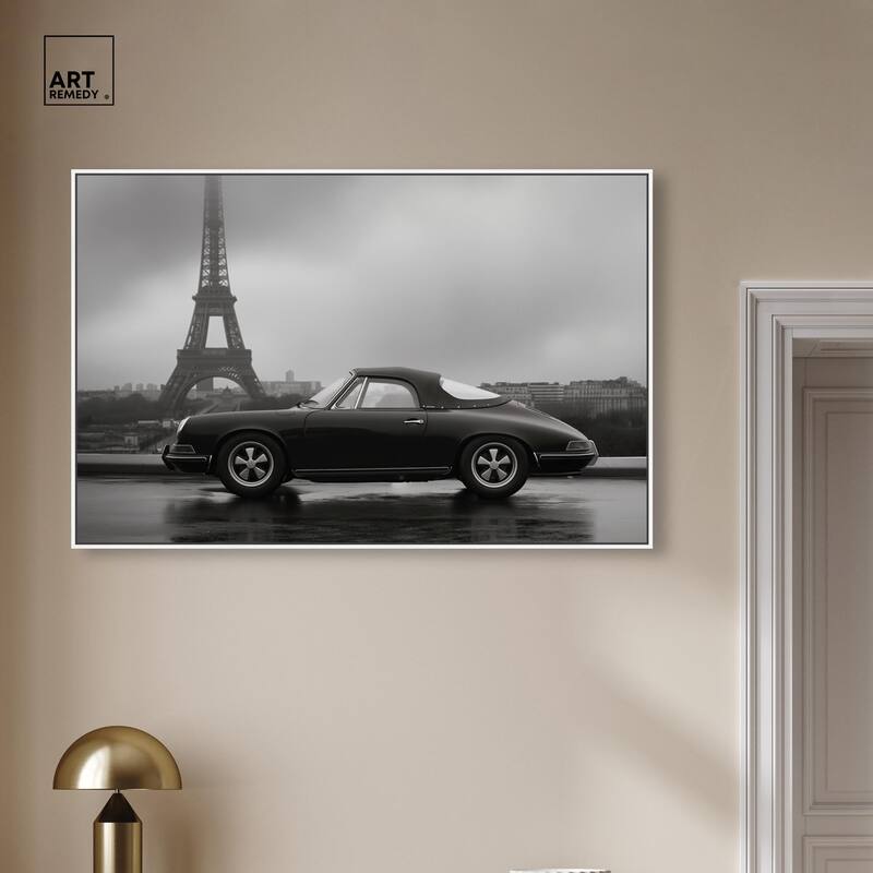 Classic Car and Eiffel Noir Canvas by Art Remedy