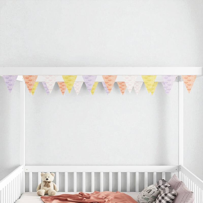 Full Size Wooden Canopy Floor Bed with Guardrails and Fence, Rubber Wood Frame, Kids Montessori Bed