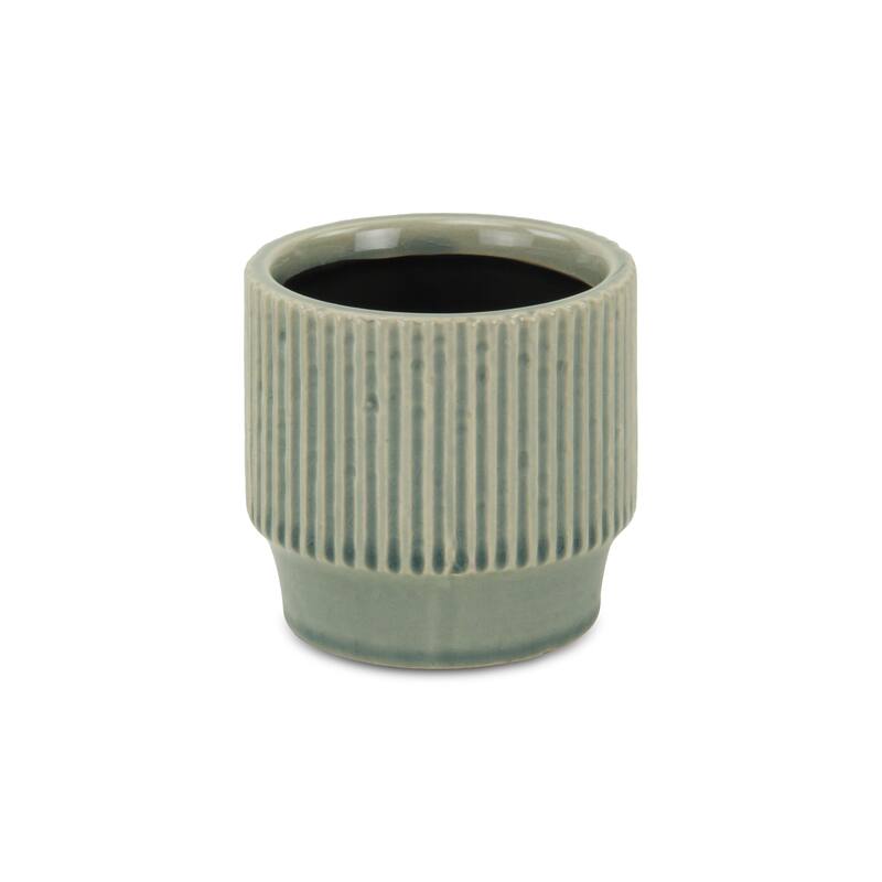 HomeRoots Green Ceramic 35 Ounce Striped Round Distressed Pot Planter - 4.25 in. x 4.00 in. x 4.25 in.