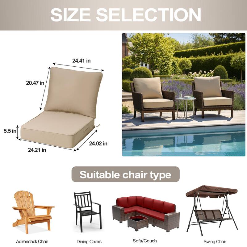 24''Wx24''Dx5.5''in T Outdoor Indoor Patio Premium Fabric Seat Cushions Set (Seat & Back)