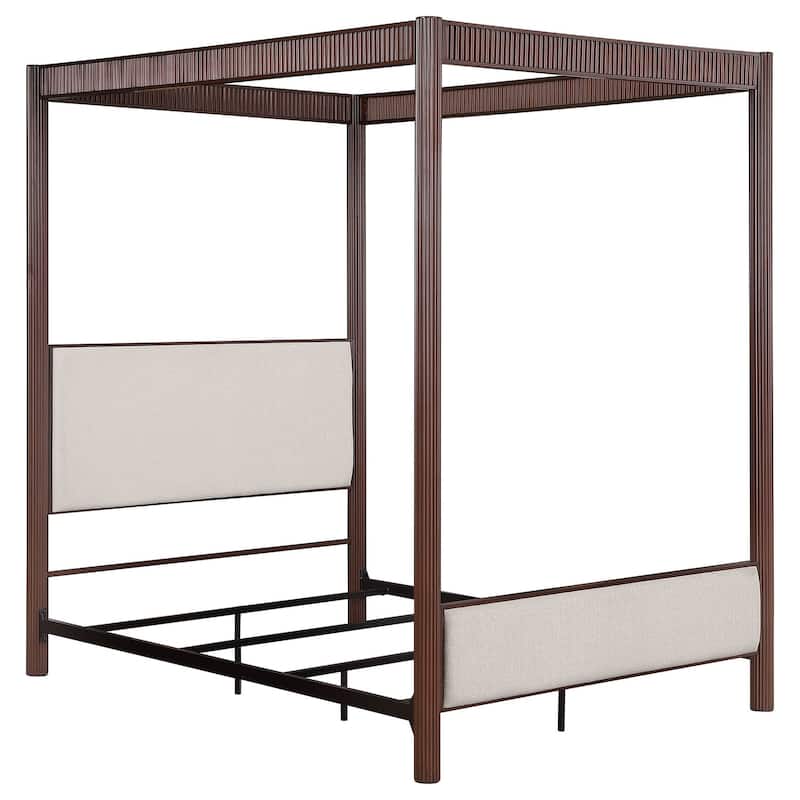 89-Inch Metal Eastern King Canopy Bed, Rust Brown Finish, Upholstered Headboard Panels, Stylish Bedroom Focal Point