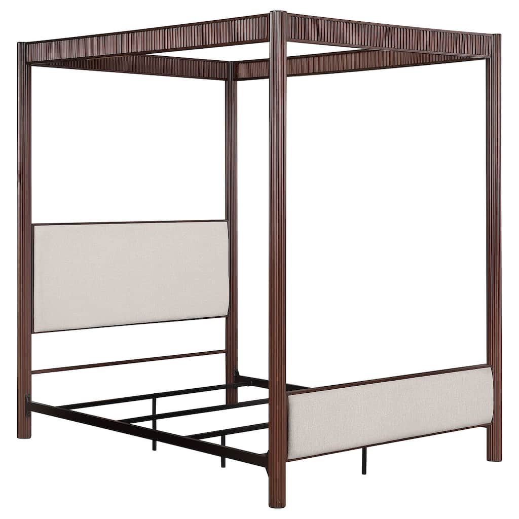 89-Inch Metal Queen Canopy Bed, Rust Brown Finish, Upholstered Panels, Modern Industrial and Elegant Design