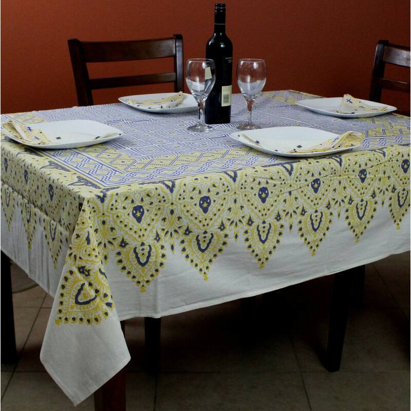 Cotton Premium French Country Geometric Tablecloth - 72 x 72 inches square - Yellow Blue