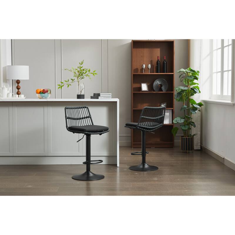 Set of 2 Counter Height Bar Stools, Adjustable Height Rattan Swivel Bar Stools, Dining Bar Stool with Footrest and Backrest