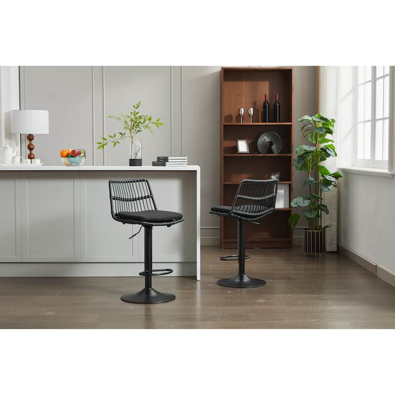 Set of 2 Vintage Rattan Bar Stool, 360° Swivel Seat Chair with Metal Base, Adjustable Height Counter Height Chair with Footrest