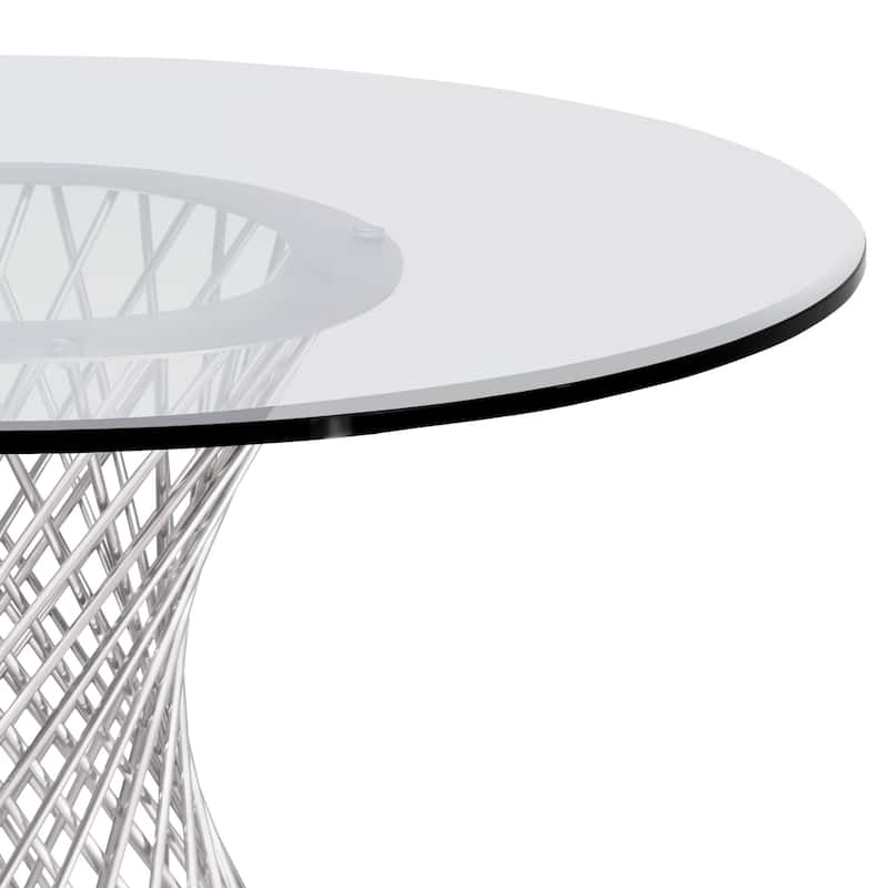 Round Glass Top Dining Table with Metal Mesh Base, Silver