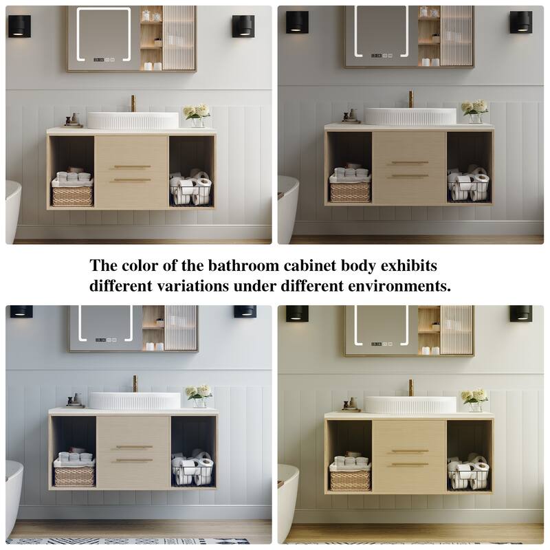 39.3"Wall-Mounted Bathroom Vanity with Oval Ceramic Sink,Floating Multi-Layer Cabinet Soft-Close Drawers Open Shelf Storage