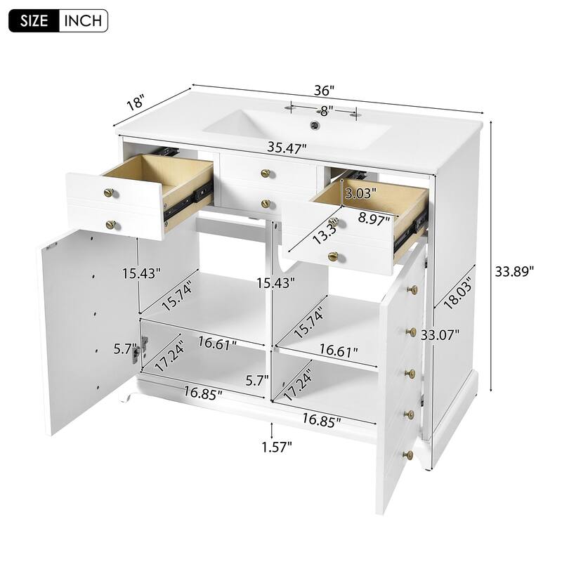36 Inch Bathroom Vanity with White Ceramic Basin, 2 Soft-Close Drawers and Doors, Freestanding Storage Cabinet