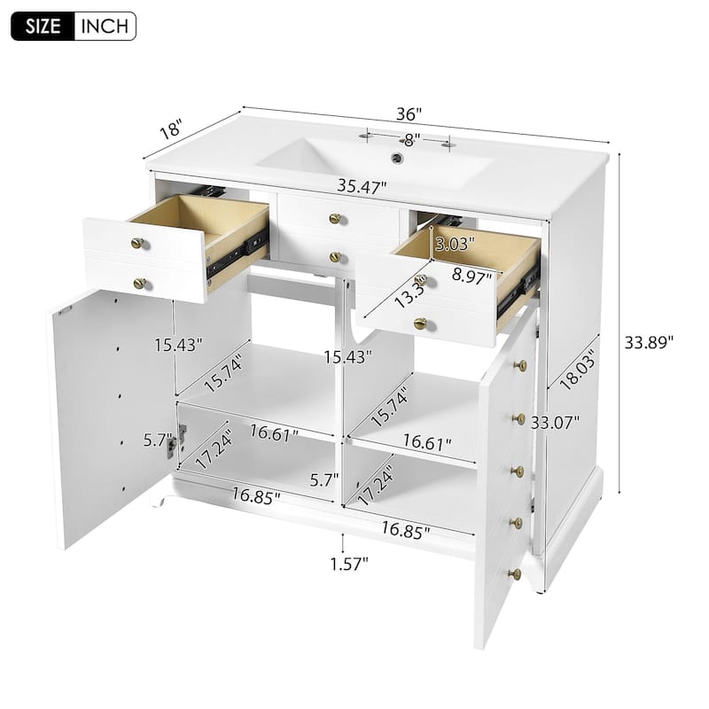 Roomfitters 36" Vanity with Ceramic Sink, Solid Wood Cabinet with 2 Drawers and Soft Closing Doors, Freestanding Design, White