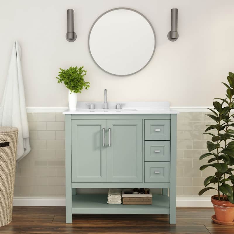 Bathroom Vanity with Sink, Open Storage, and Storage Drawers - 36 Inch - Sage Frame/Nickel Hardware