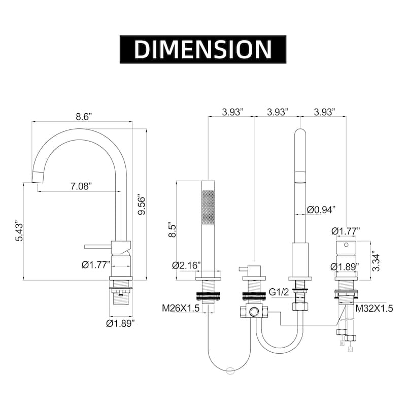 Modland Double Handle Deck Mounted Black Tub Faucet With High-pressure Handheld Shower Head