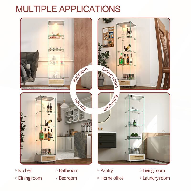 Modern Glass Display Cabinet with Drawer and LED lights for Living Room and Bedroom