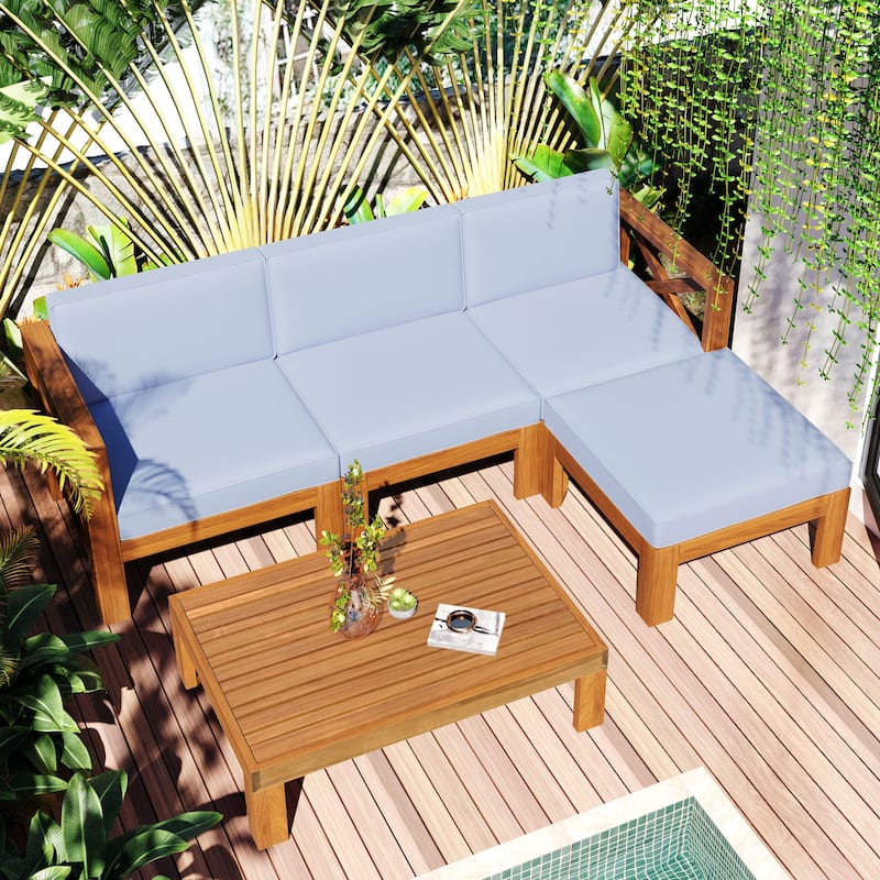 5 Piece Outdoor Patio Furniture Set, All Weather Outdoor Conversation Set, Wooden Sectional Sofa Set with Coffee Table